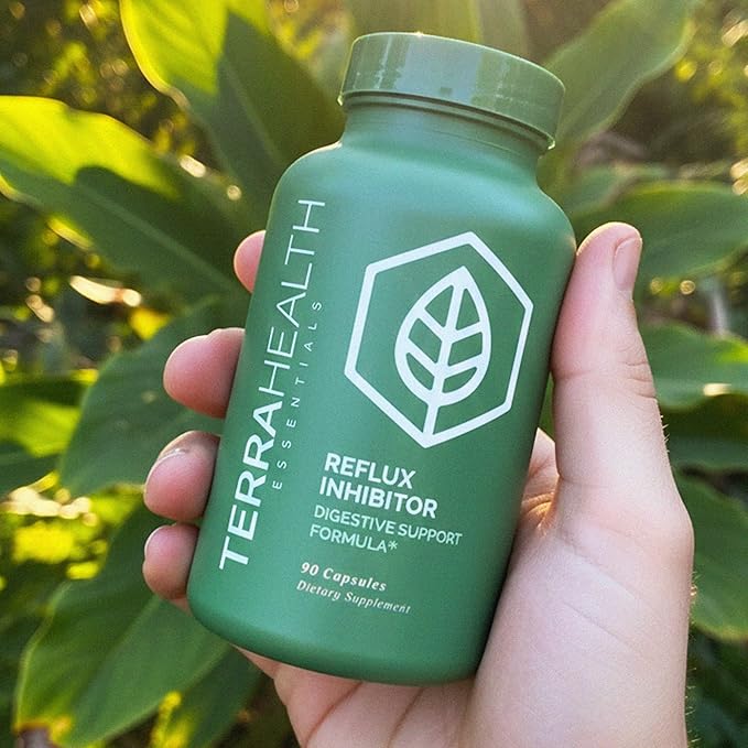 Terra Health Essentials Reflux Inhibitor - Digestive Supplement for Stomach Comfort Acid Balance &amp Nutrient Absorption - Betaine HCL with Pepsin - 30-Day Supply 90 Capsules