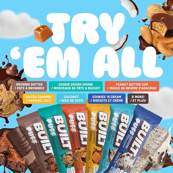BUILT Bar Puff Protein Bars - Cookie Dough - 15g Protein Snack Bars with Collagen - Calorie Conscious No Gluten Free - 12 Count
