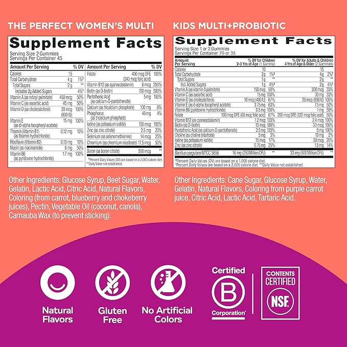 OLLY The Perfect Women's Multi and Kid's Multi +Probiotic Family Pack Gummies 2 Count Chewable Supplement