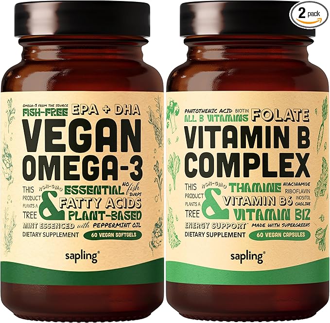 Vegan Omega 3 &amp Vegan Vitamin B Complex Bundle - Plant-Based DHA &amp EPA Fatty Acids Essential B Vitamins with Whole Food Blend B1 B2 B3 B5 B6 B7 Folate
