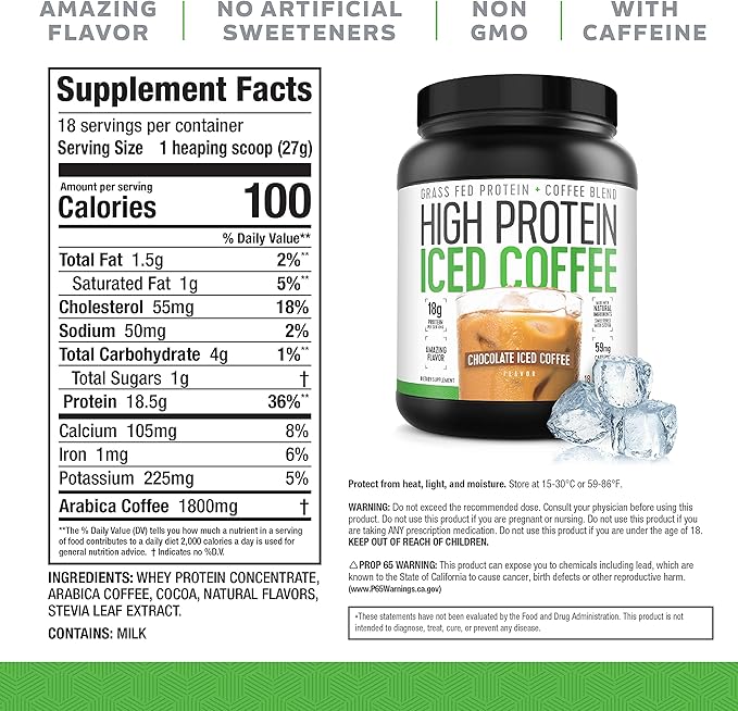 High Protein Coffee Keto Friendly 18g of Protein 2g Carbs Natural Ingredients (18 Servings Chocolate Iced Coffee)