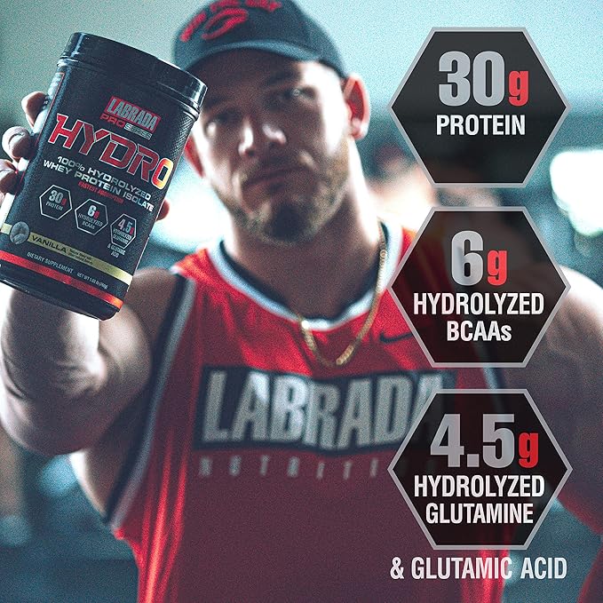 LABRADA Hydro 100% Pure Hydrolyzed Whey Protein Isolate Powder Lactose Free 6g BCAA’s 4.5g Glutamine Fastest Digesting Whey Available Instant Mixing Delicious Taste 20 Servings (Vanilla)