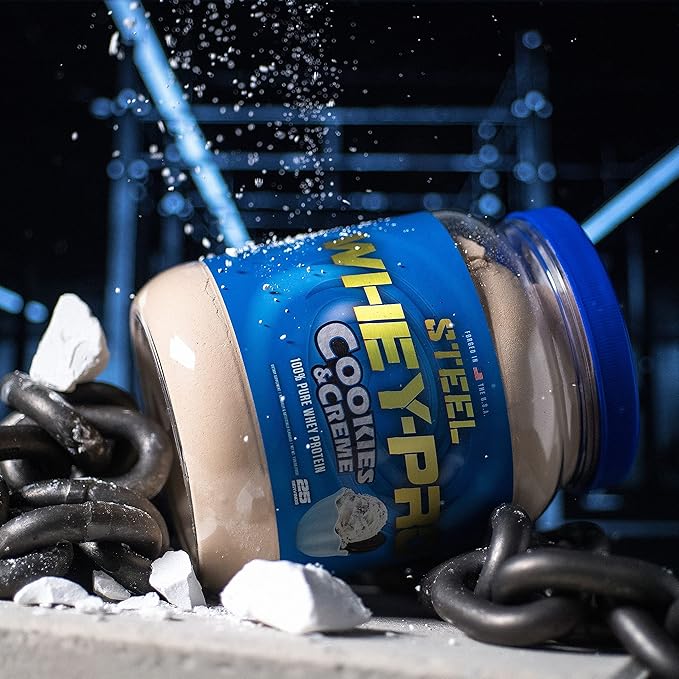 Steel Supplements Whey-Pro | 100% Pure Whey Protein Powder for Men and Women | Cookies &amp Creme | Muscle Gain &amp Lean Muscle Recovery | 1.59 lbs | BCAA 5g | Non-GMO | 25 Servings