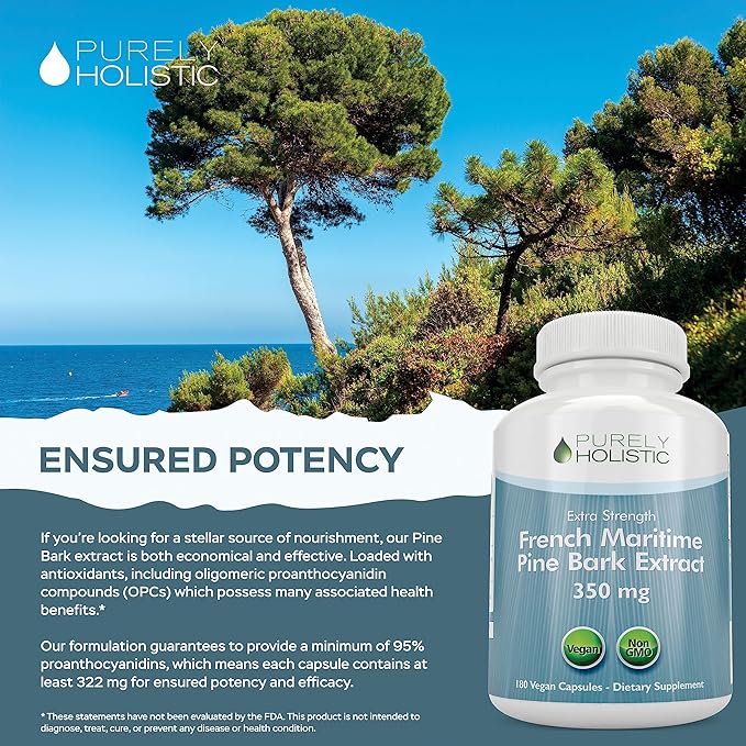 Purely Holistic Pine Bark Extract 350mg 180 Vegan Capsules 95% Proanthocyanidins - French Maritime Pine Bark Extract - Non GMO &amp Pesticide Free Antioxidant Supplement