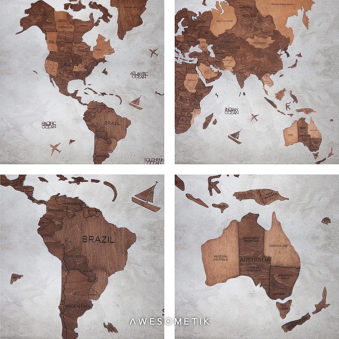 Handmade 3D Wood World Map Wall Art Large Wall Decor Track Your World Travels - Special for Home Kitchen and Office (Large Oak)