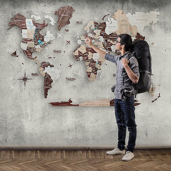 Handmade 3D Wood World Map Wall Art Large Wall Decor Track Your World Travels - Special for Home Kitchen and Office (Medium Cappuccino)