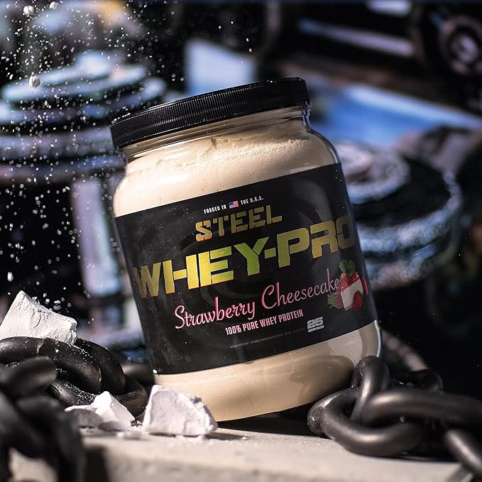 Steel Supplements Whey-Pro | 100% Pure Whey Protein Powder for Men and Women | Strawberry Cheesecake | Muscle Gain &amp Lean Muscle Recovery | Gluten Free | 1.65 lbs | BCAA 5g | Non-GMO | 25 Servings