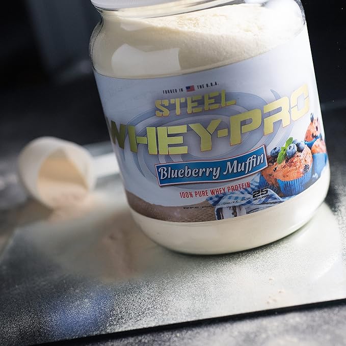 Steel Supplements Whey-Pro | 100% Pure Whey Protein Powder for Men and Women | Blueberry Muffin | Muscle Gain &amp Lean Muscle Recovery | Gluten Free | 1.48 lbs | BCAA 5g | Non-GMO | 25 Servings