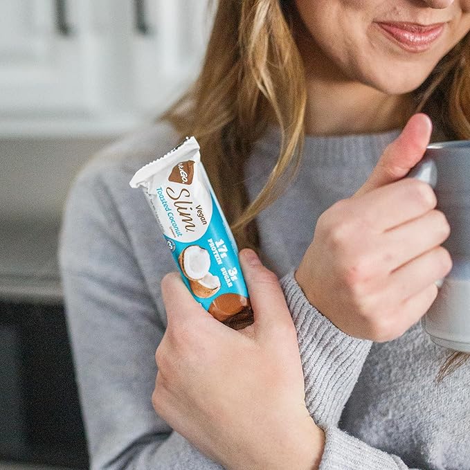 NuGo Slim 24ct Vegan Variety - Crunchy Peanut Butter 12 bars &amp Toasted Coconut 12 bars Low Net Carb Keto Friendly 16-17g Plant Based Protein Keto Friendly Gluten Free 24 count